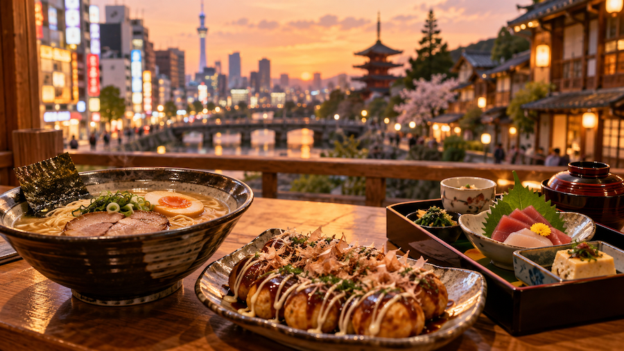Japanese dishes including ramen, takoyaki, and a traditional set meal served at a restaurant overlooking a cityscape at sunset.
