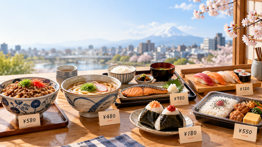 A variety of Japanese foods, including gyudon, udon, sushi, onigiri, and bento, displayed with prices in Japanese yen.