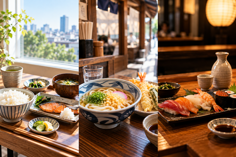 Japanese breakfast, lunch, and dinner featuring grilled salmon with rice and miso soup, udon with tempura, and assorted sushi.