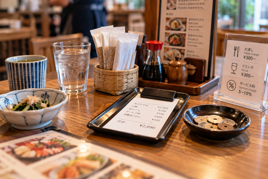 A Japanese restaurant table with an itemized bill, coins, and a notice showing additional dining charges, including seating and service fees.