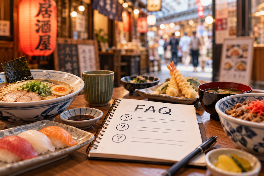 A notebook labeled FAQ surrounded by Japanese dishes, including ramen, sushi, tempura, and gyudon, at a traditional Japanese restaurant.