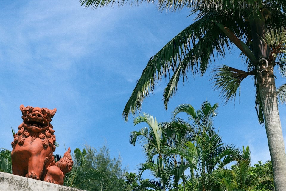 沖縄のシーサーと椰子の木