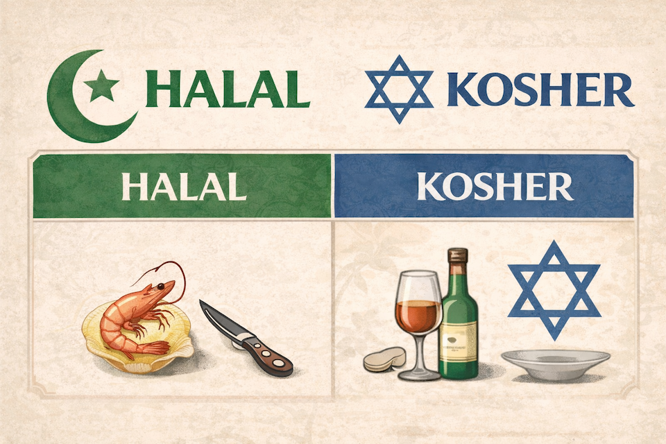 Illustration comparing halal and kosher dietary laws, highlighting key differences such as alcohol rules, seafood allowances, and religious requirements