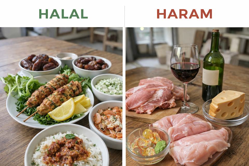 Visual comparison of halal and haram foods, highlighting Islamic dietary rules with permitted meals contrasted against pork and alcoholic products