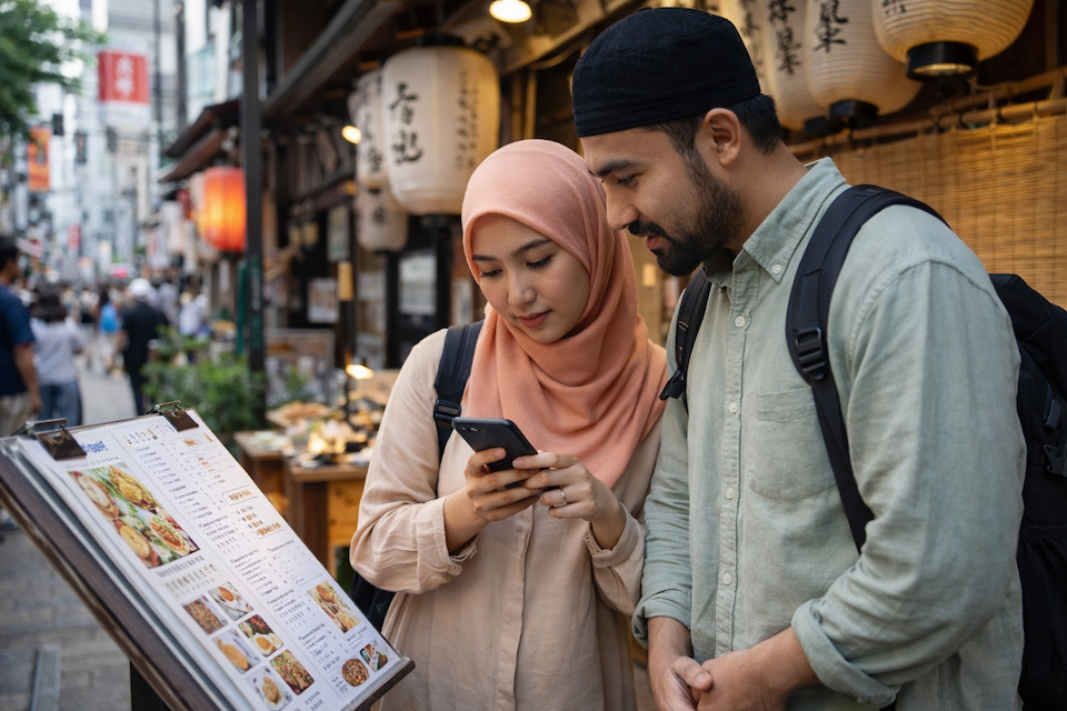 Muslim travelers in Japan checking a restaurant menu and food options while navigating halal-friendly dining choices.