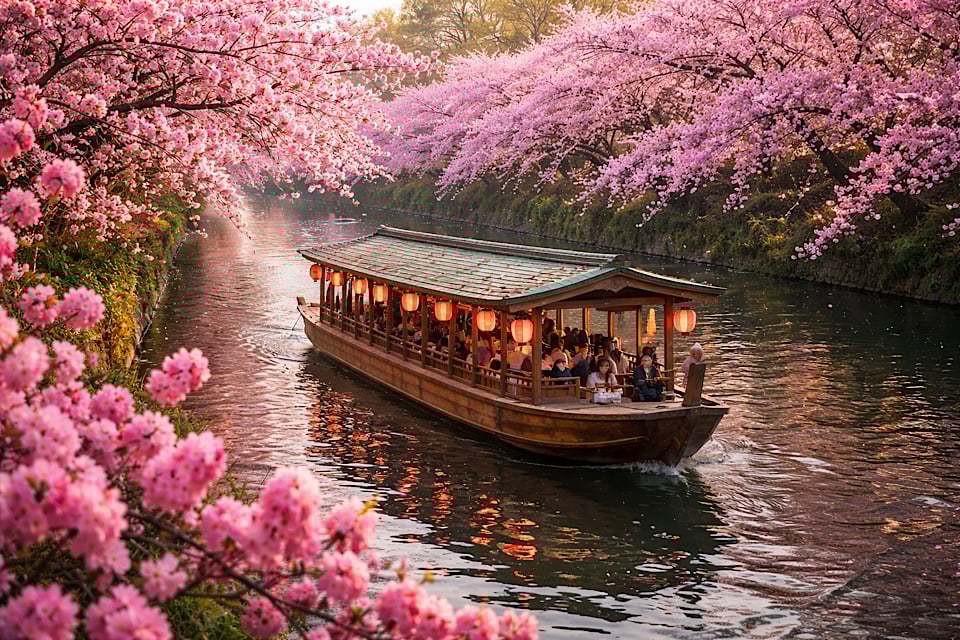 桃の花と屋形船