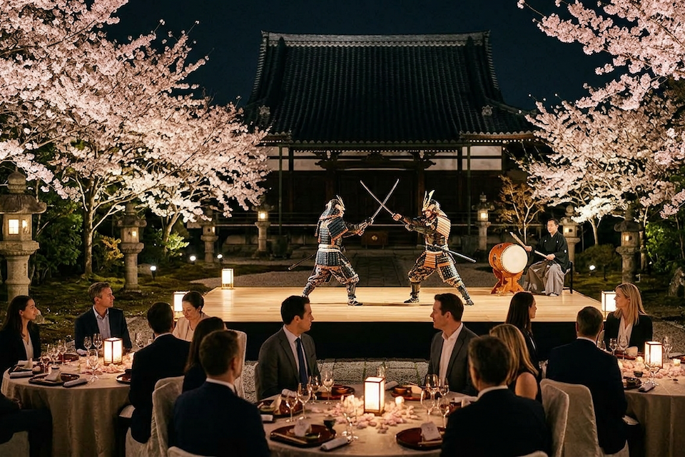 VIP gala dinner in a cherry blossom garden with a live samurai performance.