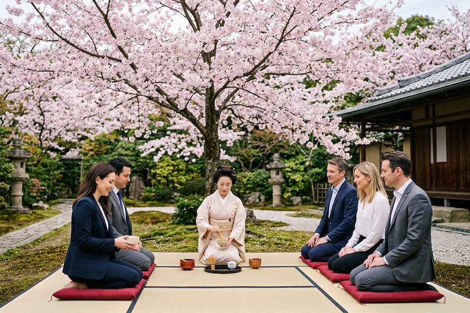 Private tea ceremony under full cherry blossoms.
