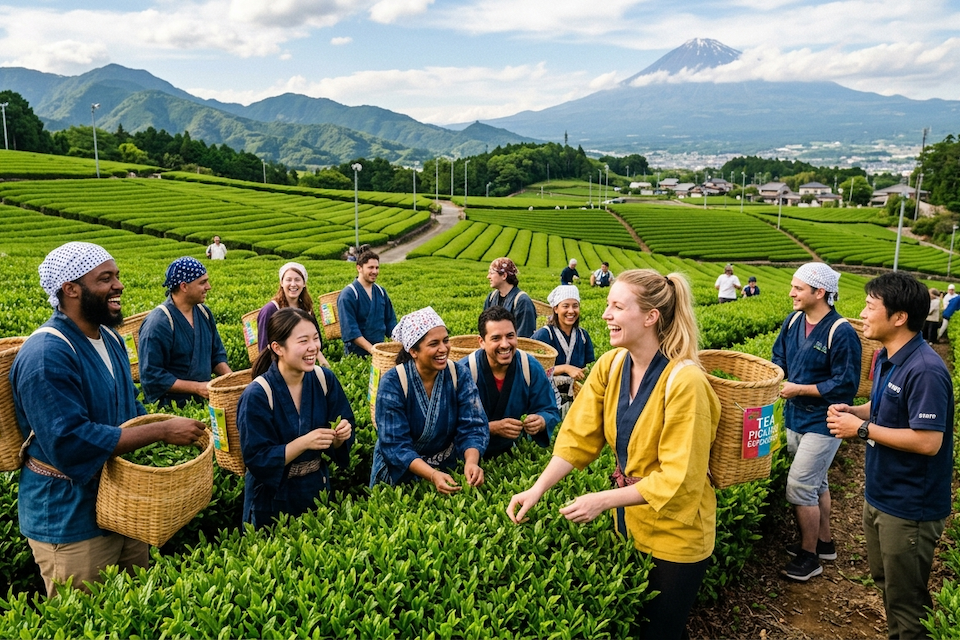 インセンティブ旅行の茶畑での茶摘み風景