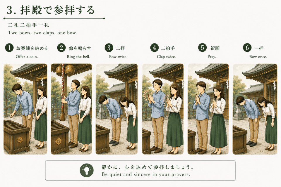 拝殿での参拝手順を紹介したイラスト