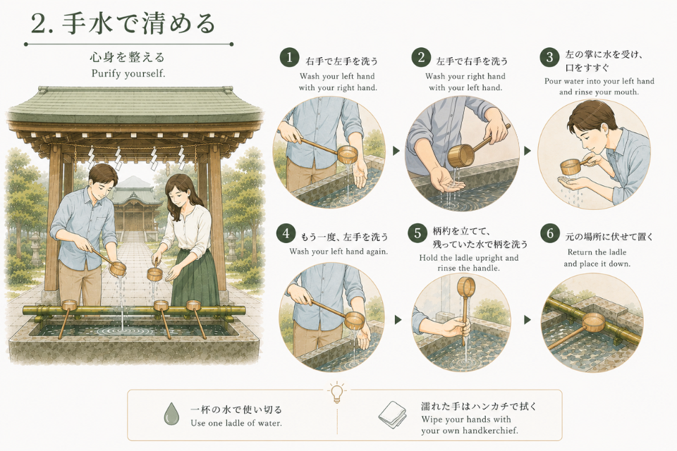 手水舎での清め方を順番に説明したイラスト